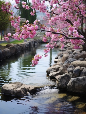 碧绿溪水边，桃花娇艳欲滴，山峦苍翠绚丽