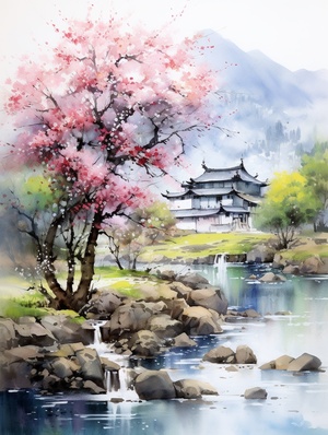 油画风景，唯美意境，小巷春花，老房子，美景，唯美，治愈风景