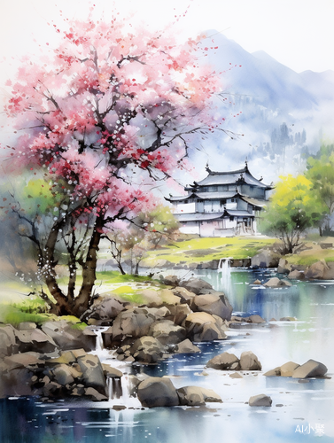 唯美意境的油画风景：小巷春花与老房子的治愈美景