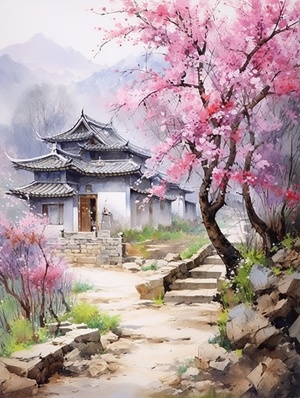 油画风景，唯美意境，小巷春花，老房子，美景，唯美，治愈风景