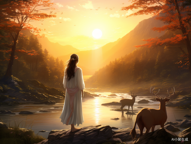 神秘的夕阳山林中的梅花鹿
