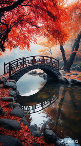 秋天枫叶飘落小桥流水