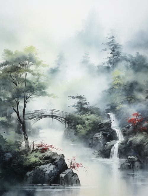 唯美意境，油画风景，迷雾森林，小桥流水，国画风景