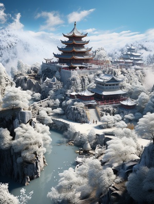 surreal and complex cg rendering of chinese high mountain temple town, many huge glaciers, surreal white flowers, green trees, many small luminous particles, dreams, golden glittering water, highdefinition complex details + national geographic annual photo contest, 4k, highdefinition, xin value light and shadow, complex details, super wide angle, panoramic photography virtual engine, volume light, reflected light, light effect, HD