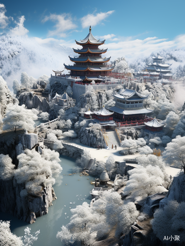 Surreal Chinese High Mountain Temple Town with Glaciers and Luminous Particles