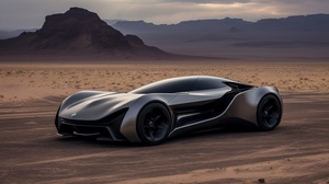 - movie still IMAX MSM 9802 8k a futuristic concept car is in the desert, in the style of dark silver and light indigo, flowing lines, barbizon school, subtle lighting contrasts, futuristic victorian, symmetrical design, gesture driven -ar32:27 -