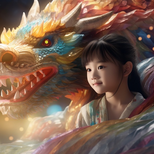 close up,Rainbow dragon surrounded by a cute little Chinese girl,5 years old,wearing gorgeous Hanfu, Rainbow dragon,grand scene, minimalism, Chinese dragon, C4D rendering, Surrealism, master works, movie lighting, Ultra HD, fine detail, color rating, 32K HD ar 3:4 v 6.0