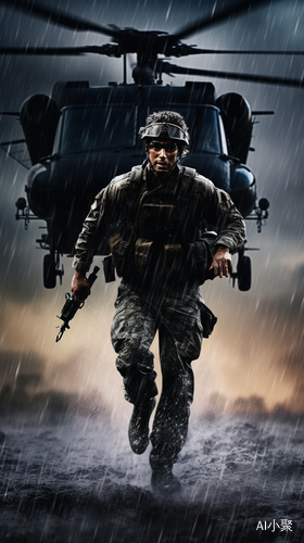 Running American Soldier in Rainstorms