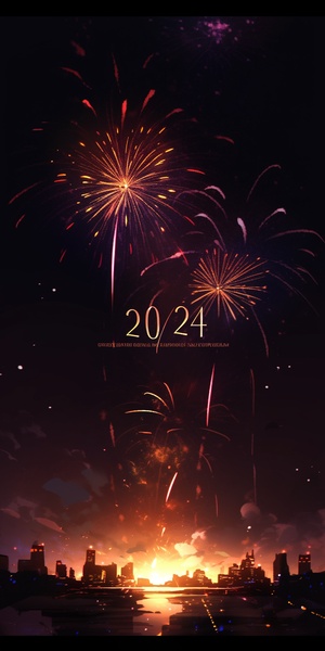 The text says "2024" in gold shines in the night sky with fireworks v 6 ar 9:16