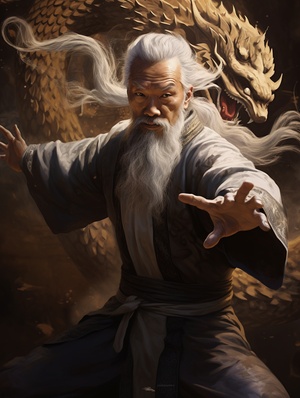 A photo-realistic ink painting of a Chinese kung fu master in beggar's attire, white hair, beard, in a fighting stance, striking the camera lens with a palm emitting golden light. A golden dragon encircles him, with white glowing eyes, open mouth, and bioluminescence on its body. Charging towards the camera, creating a cinematic and majestic feel. The scene is rendered in golden ink with clear contrast and splatter details, X prompt, hd quality, natural look