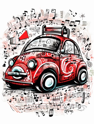 cute cartoon car. surrounded by musical notes. full body. red and black and white background. doodle in the style of Terry Runyan. marker illustration. bold lines. in the style of grunge beauty. mixed patterns. text and emoji installations