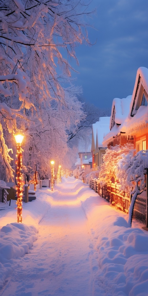 冬天夜晚雪景，村庄被大雪覆盖，史诗般的景色，平房和树木被厚厚的积雪覆盖，璀璨夺目的天空，雪在橙黄色路灯的照耀下舞蹈，透视超现实，超广角，摄影明亮柔和，意境优美，精细，超精细细节，超高清画质，超精致