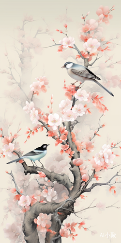 Delicate Magpie and Blooming Plum Tree: 8k Wallpaper