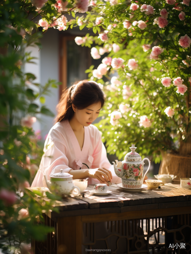 春日早茶，绿植蔷薇，女子优雅美丽