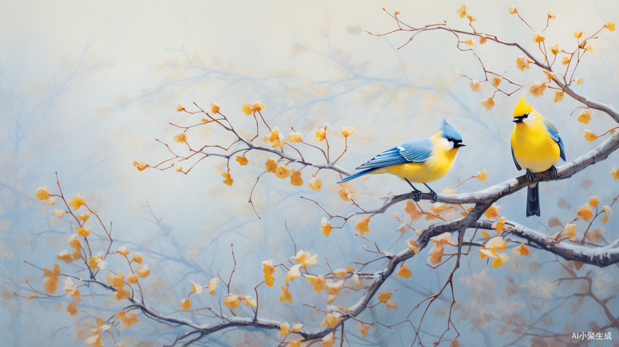 Yellow Wintersweet Tree with Two Little Blue Birds