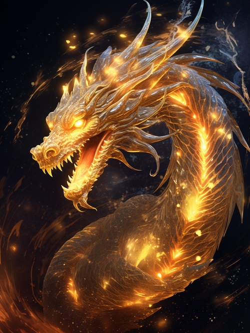 A Golden Dragon，dissolving and disappearing into particles，translucent fluorescent，a starry magic is being used on graphics，Glow particle,Optical Flares，close up ar 3:4 v 6