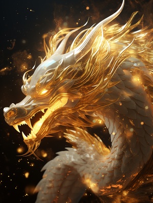 A Golden Dragon，dissolving and disappearing into particles，translucent fluorescent，a starry magic is being used on graphics，Glow particle,Optical Flares，close up ar 3:4 v 6