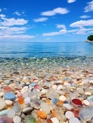 Summer Seaside Beach Photograph: Transparent Glowing Pebbles, Super Wide Angle 8K HD AR 2:3V4