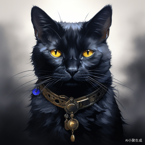异瞳黑猫，左黄右蓝，银链项圈