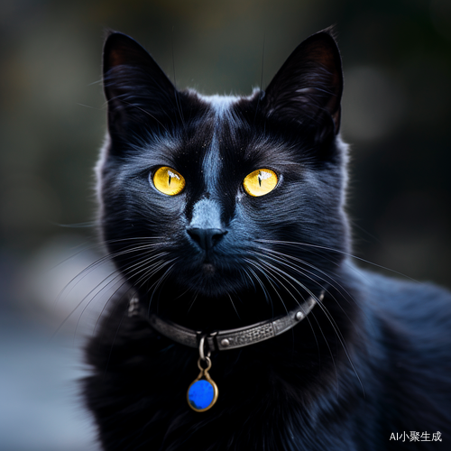 黑猫照片，黄蓝双眼戴银项圈