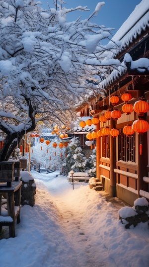 冬日白雪覆山村，红果冰花橙灯舞