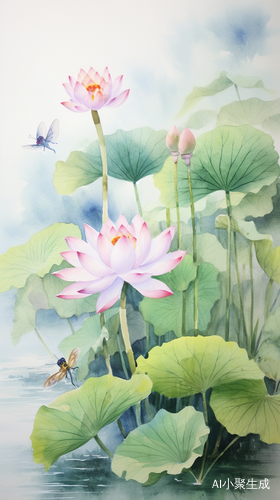 柔和的水彩画：荷花与龙的中国纸卷