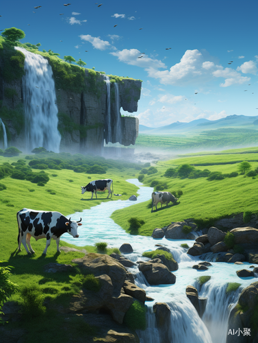 Cows Standing Next to Waterfall in Green Field