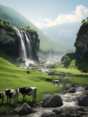 cows standing next to a waterfall in a green fieldperspective rendering large-scale installationsNorthern China's terrain light green and black