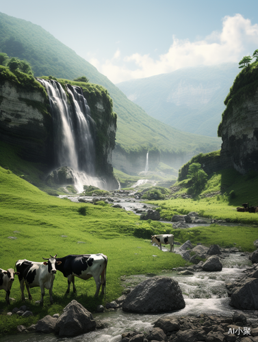 Cows Standing Next to Waterfall in Green Field