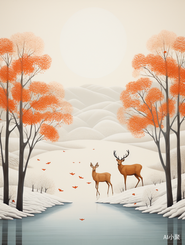 Deers and Birds: A Surreal Snowy Grove