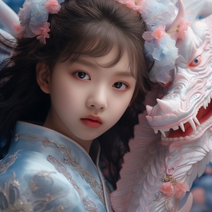 Beautiful Chinese Girl Surrounded by Colorful Dragon