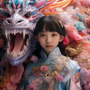 Beautiful Chinese Girl Surrounded by Colorful Dragon