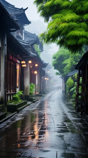 江南水乡，烟雨朦胧，近景，超广角