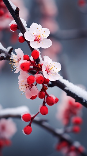 梅花特写，红色花瓣，梅花的树枝，雪地背景，超逼真，分辨率非常高，景深，摄影