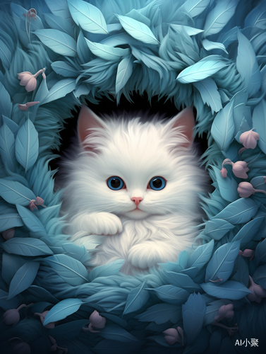 Whimsical Cat in a Cluster of Blue Feathers