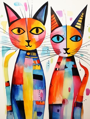 Cats in the style of Wassily Kandinsky,abstract art,lines and shapes,watercolor