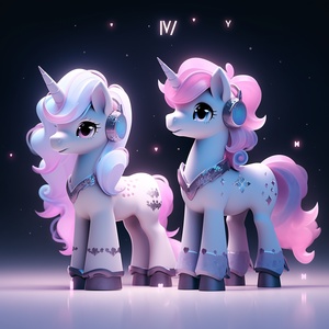 3D，立体感，皮克斯动画，午夜马，cute night pony，xityua by kim yumi，pony, in the style of charming anime pony, light white and light cyan, uhd image, pink and gray, panorama, shiny, northwest school Model: Niji V5