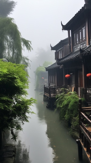 江南水乡，烟雨朦胧，近景