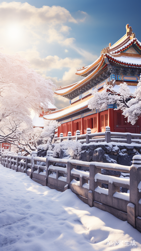 冬日故宫，屋顶飘雪，阳光映照间