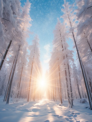 冬天雪景，小木透出灯光，史诗般的景色，透视超现实，超广角，摄影明亮柔和，意境优美，超精细细节，超高清画质，