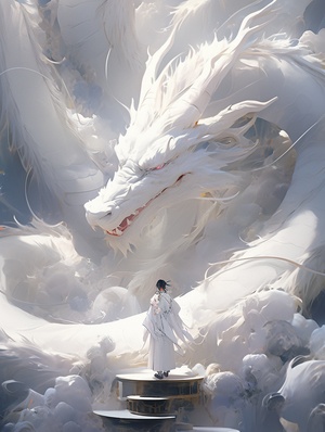 Drone view,In front of the relievo dragon stands a Chinese beautiful girl,12years old,white,wearing a gorgeous Hanfu,white,Chinese relievo dragon,dream scene, grand scene,minimalism,Chinese dragon,C4D rendering,Surrealism,meticulous design, asymmetrical balance,master works,movie lighting, Ultra HD, fine details, color grading.32K HDar 3:4v 6.0