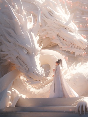 Drone view,In front of the relievo dragon stands a Chinese beautiful girl,12years old,white,wearing a gorgeous Hanfu,white,Chinese relievo dragon,dream scene, grand scene,minimalism,Chinese dragon,C4D rendering,Surrealism,meticulous design, asymmetrical balance,master works,movie lighting, Ultra HD, fine details, color grading.32K HDar 3:4v 6.0