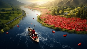 Aerial view, cover of a food adshowing a river formed by some red pepper soup, flanked by mountains of peppercorns, super fresh peppers, several people rowing a boat in the river, red and light blue, Natural light, advertising design poster, movie poster, macro, scene big porto, rendering 4d in film, texture based, visual details, cinematic lighting, 8k v 6.0 ar 9:13