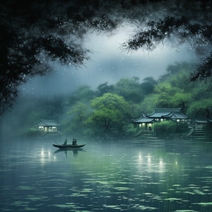 江南西湖，烟雨蒙蒙唱扬州，上有天堂，下有苏杭，西湖好风光，粉墨登场，朦胧感，墨绿色发光体，半透明，赵元极，立体感，pointillism，in the style of luminous pointillismsparkling