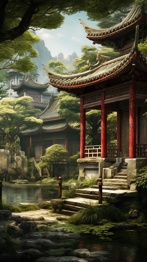 大师作品，最好画质，中式旧宅院，隐藏纹身，红色类型，中国古代建筑风格，庭院，石桥，池塘，花草树木，青苔，古色古香，雕刻，装饰华丽，符号古老，文化，神秘感，东方美学，历史底蕴