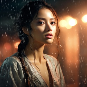 A beautiful China woman,Capturing the essence of the rain-soaked soul, where emotions dance and express photo of beautiful woman with soaked face, expressive, excited, realistic, soggy, lighting