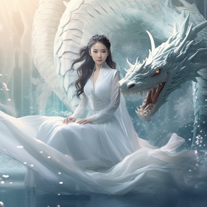 From a distance, under the white crystal dragon stands a Chinese beauty, 12 years old, positive, smiling, wearing white Hanfu, background floating white clouds, light white and light green, texture dream. grand scene dynamic design, water fusion, design balance, master works, movie lighting, ultra high definition, fine detail color level, 32K HD