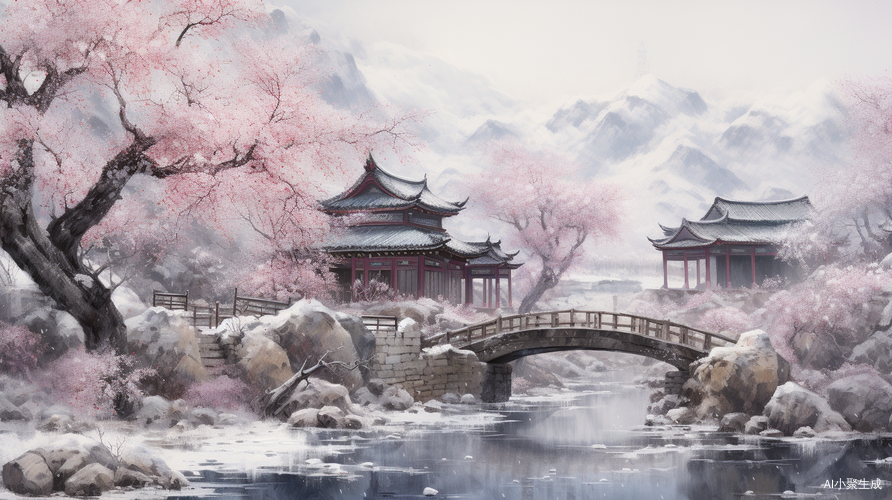 冬天雪景中的小木屋、小桥流水和古老梅花树