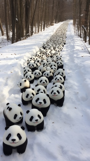 一些熊猫雕塑在雪地里排成一行，采用照片般逼真的风景风格，32k超高清，由塑料、中国画、可爱的卡通设计、融化、有序对称制成