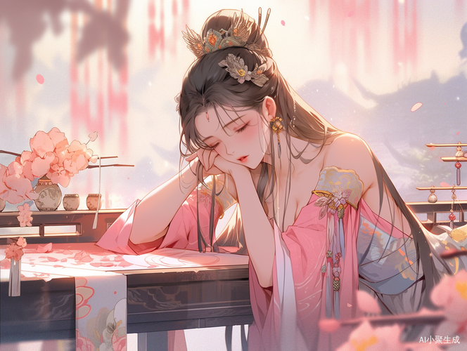 忧郁女孩桌前的明代风格